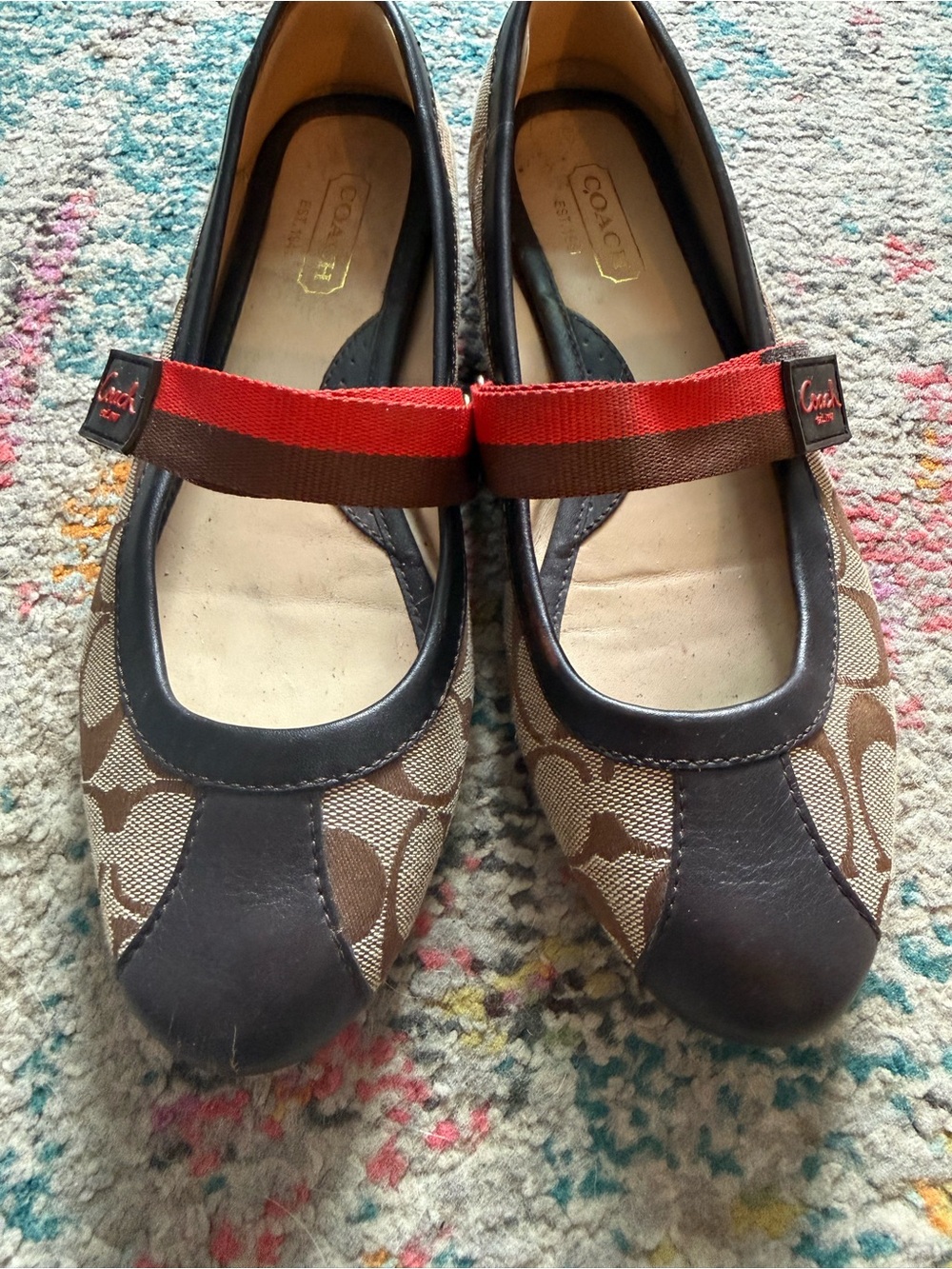 Coach Brown Signature Canvas Mary Jane Flats with Red Strap